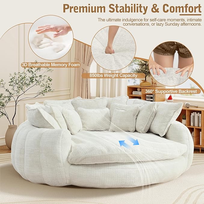 82'' Oversized Upholstered Sofa Bed, Round Chaise Lounge Chair Indoor, Modern Chenille Boneless Couch, No Assembly Required, Plush Sleeper Chair with 14 Pillows for Living Room, Beige