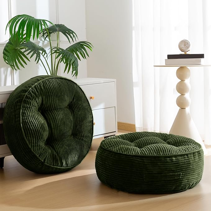 8" Washable Floor Pillow Cushion for Adults, Meditation Cushion Pillow, Large Round Floor Sitting, Removable Tufted Corduroy Cover, for Tatami Living Room or Yoga, 22x22 Inch, 2Pack, Machine Washable