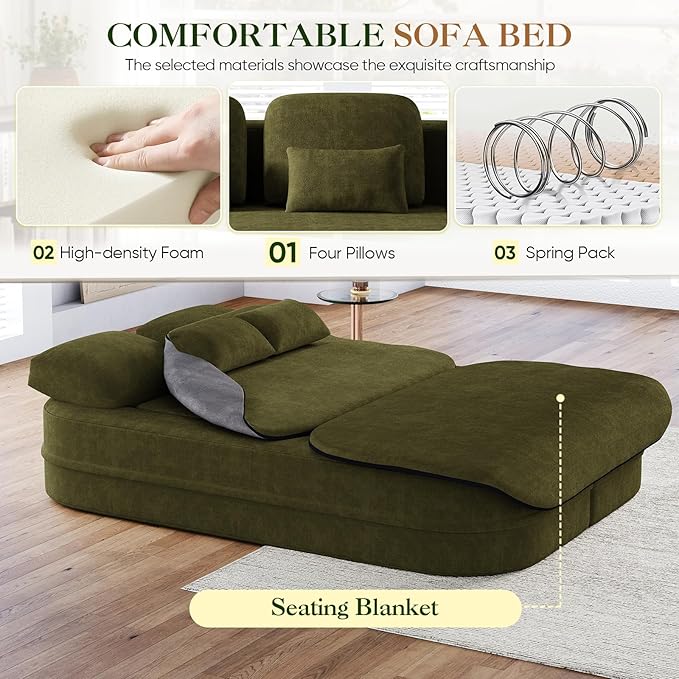 Antetek Convertible Sleeper Sofa, Modern Folding Futon Chenille Floor Foam Compression Loveseat Sofa Bed Couch, Foldable Full Size Guest Bed with 4 Pillows for Living Room Bedroom Apartment, Green