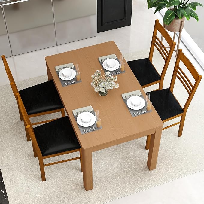 Giantex Wooden Dining Chairs Set of 4, Armless Kitchen Chairs w/Slat Backrest, Upholstered PU Seat, Rubber Wood Frame, Modern Dinette Furniture Set for Dining Room, Living Room