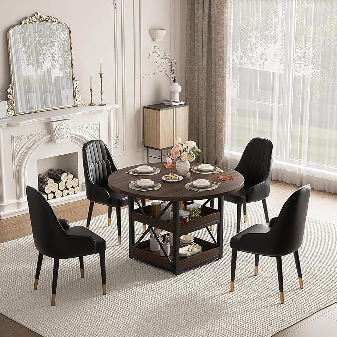 5-Piece Round Dining Table Set for 4 with Storage, Kitchen Table with 4 PU Leather Chairs, Space Saving for Breakfast Nook, Dinette, Dining Room (Walnut Dining Table-4 Black Chairs)