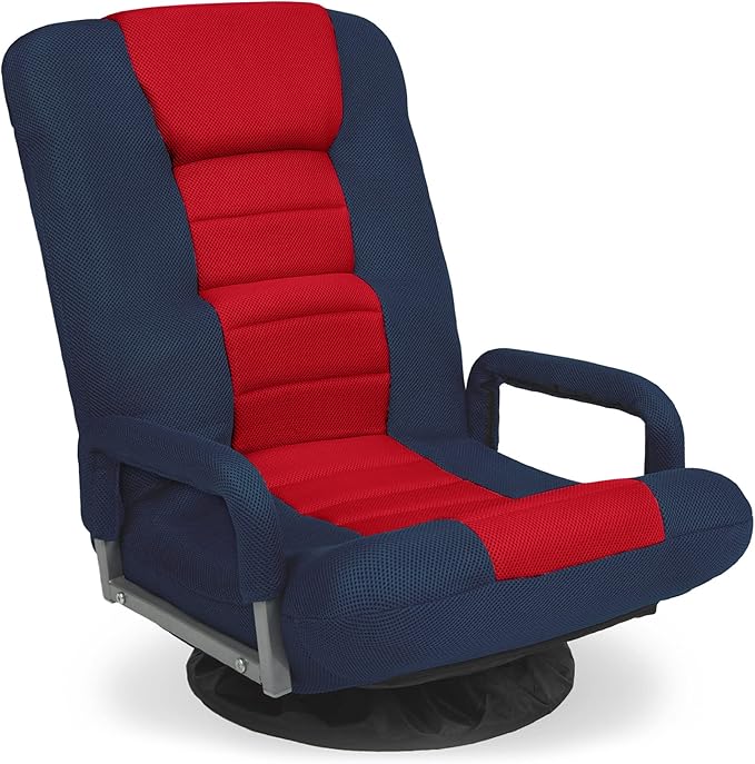 Best Choice Products Swivel Gaming Chair 360 Degree Multipurpose Floor Chair Rocker for TV, Reading, Playing Video Games w/Lumbar Support, Armrest Handles, Adjustable Foldable Backrest - Blue/Red