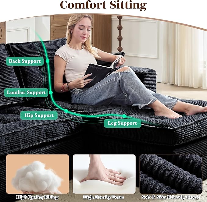 Cloud Modular Sectional Couches for Living Room and Bedroom, Boneless Couch with L-Shape Chaise Modern Deep Seat Floor Sofa,Plush Corduroy, No Assembly Required(Black)