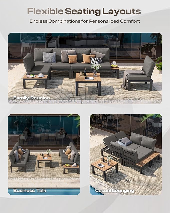 Oasbira Aluminum Modular Outdoor Patio Furniture Set, 6 Seats Sectional Sofa Set with Adjustable Backrest & Thick Cushions, All-Weather L-Shaped Corner Set with Table for Garden & Yard, Graphite