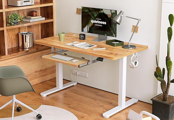 FEZIBO Standing Desk with Keyboard Tray, 40 x 24 Inch Adjustable Height Sit Stand Desk with Memory Presets for Home Office, Ergonomic Computer Workstation, Light Rustic
