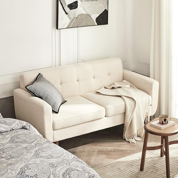 Tbfit 65" W Loveseat Sofa, Mid Century Modern Decor Love Seat Couches for Living Room, Button Tufted Upholstered Small Couch for Bedroom, Solid and Easy to Install Love Seats Furniture, Beige | linen fabric, button tufted, solid wood foot, pocket sprin...