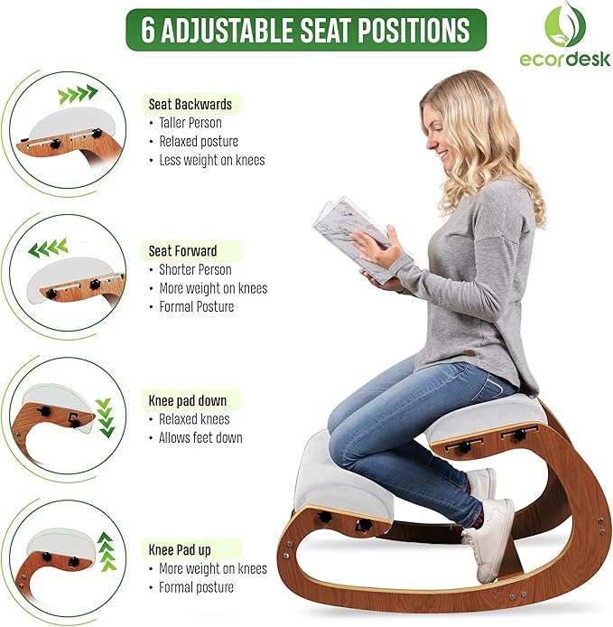 Ecordesk Ergonomic Kneeling Chair, Adjustable Seat - Office Chair for Desk, Posture Corrector, Premium Comfort Cushion, Wooden Rocking Knee Chair (Pecan)