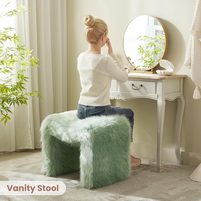 Vanity Stool Chair Small Footstool Ottoman Faux Fur Seating Backless Modern Foot Rest Ottoman Furry for Makeup Room Living Room Bedroom Entryway,Green (Single 1)