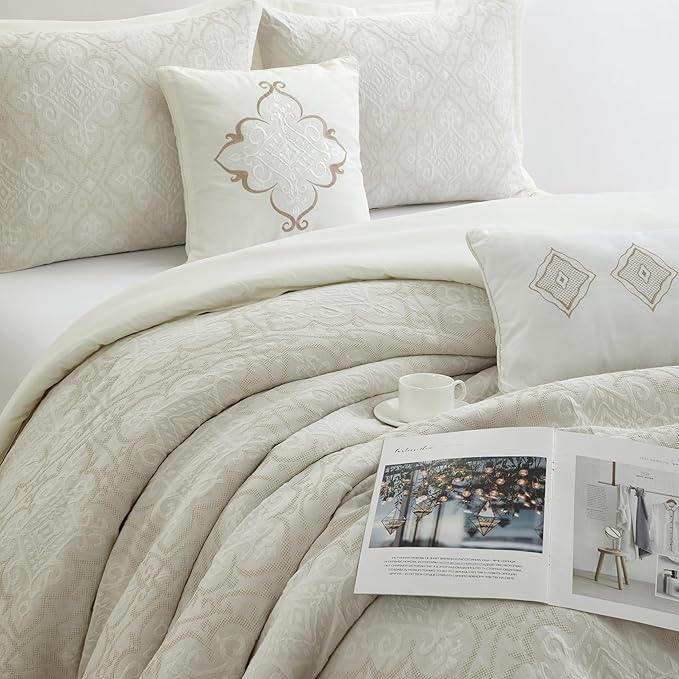 Grand Avenue 6 Piece Cotton White Comforter Set, King Size Jacquard Bedding Set, All Season Geometric Bedding, Matching Pillows, Shams, Bed Skirt