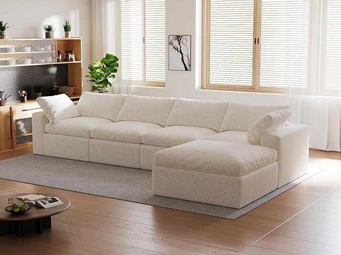 140’’ Oversized Boneless Couch for Living Room, Cloud Couch Modular Sectional Free Combination with Ottoman Washable Cushion Cover, No Assembly Required, White (4-Seat + 1 Ottoman)