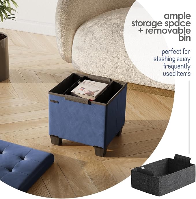 Storage Ottoman Cube with Small Bin, 16-in Square Ottoman with Storage for Living Room and Bedroom, Small Ottomans Foot Rest, Faux Leather Foot Stools Ottomans Max 330lbs, Blue