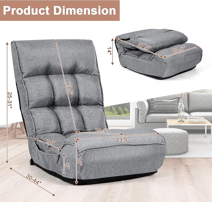 MAT EXPERT Folding Floor Chair, Floor Gaming Chair w/ 4-Position Backrest, 5-Position Adjustable Headrest, Side Pocket, Indoor Floor Chair w/Back Support for Bedroom, Living Room (Grey)
