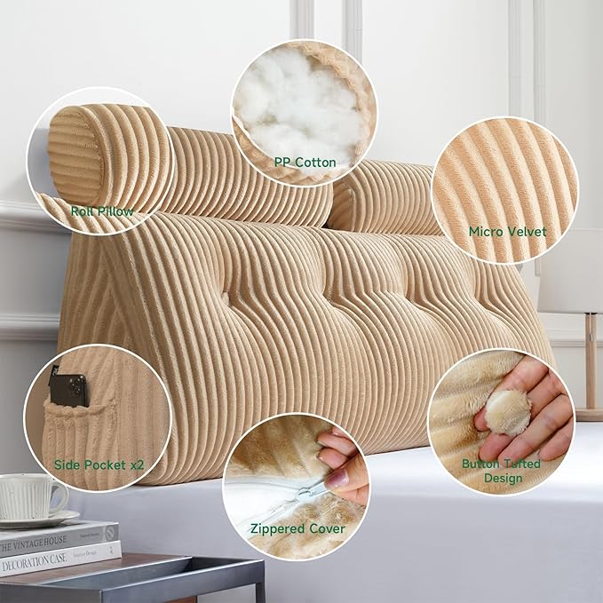 Z-hom Large Wedge Pillow Headboard, Full Triangular Headboard Pillow, Reading Pillow Bed with a Roll Pillow for Bed Sitting Up Sleeping, Backrest Cushion Headboard Gap Pillow for Back,Beige