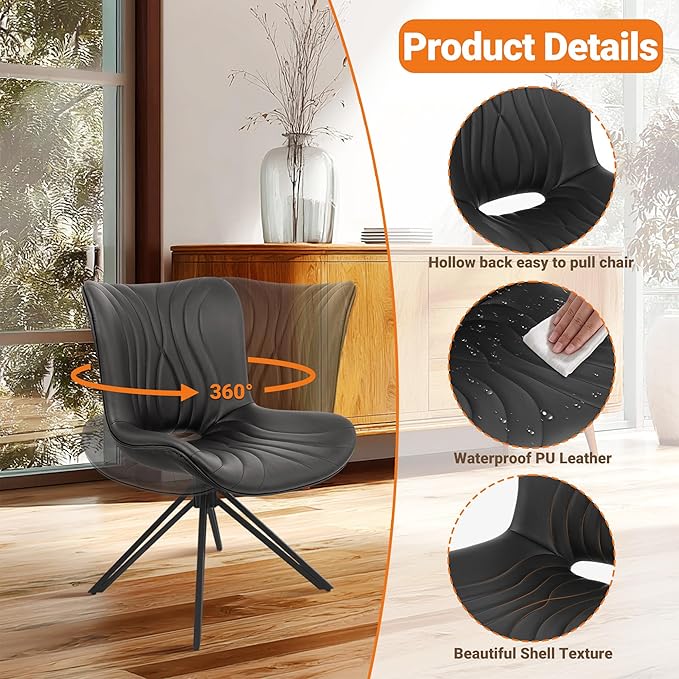 VATROS Dining Chairs Set of 2, 360° Swivel Upholstered Mid-Century Modern Kitchen Dining Room Chairs, Armless Faux Leather Accent Side Chair with Padded Back, Metal Leg, Black