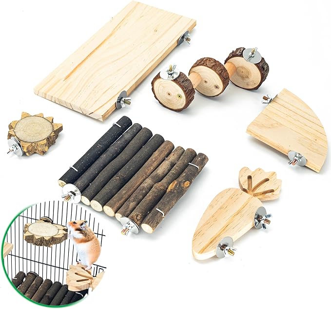 GNB PET Space Expanding Natural Wood Hamster Platform Set, DIY Small Animal Playground Accessories for Hamster Cage, Climbing & Resting Toys with Adjustable Screws for Hamsters, Chinchillas, Gerbils