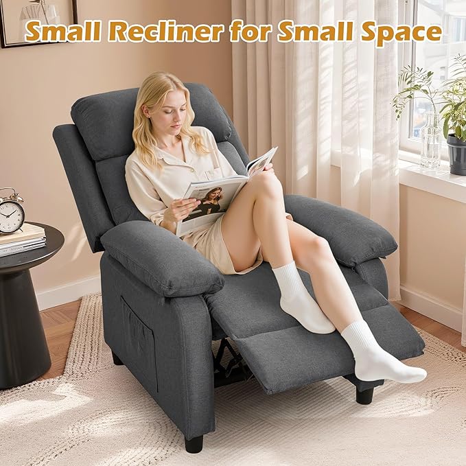 Recliner Chair, Living Room Chairs for Adults, Padded Deep Seat Reading Chair with Side Pockets, Small Recliners for Small Spaces, Lounge Chair for Living Room, Bedroom, and RV (Linen)