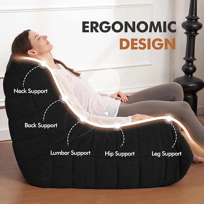 Bean Bag Chair Big Sofa Beanbag Chair for Adults Fireside Chair Bean Bag Lounger with Memory Foam Filled for Home,Apartment or Gaming Venue(Black Teddy)