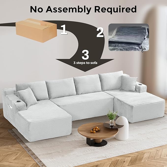130" Oversized Cloud Boneless Sofa Couch with Chaise, Modern Corduroy Modular Sectional Sofa with Deep Seat, Comfy Couch with cupholders and Storage, No Assembly Required-Light Grey
