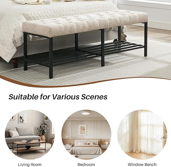 SOFTHION 55.5" End of Bed Bench, Modern Chenille Button Tufted Bedroom Bench, Upholstered Storage Shoe Bench with Metal Base, Dinning Table Bench for Living Room, Bedroom, Entryway, Light Brown