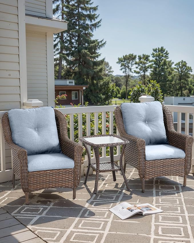 ACTREST 3 Piece Patio Brown Wicker Chairs with Side Table - Outdoor High Back Heavy Duty All-Weather Lawn Dining Rattan Chair Conversation Bistro Set for Deck Porch Balcony Backyard Garden - Baby Blue