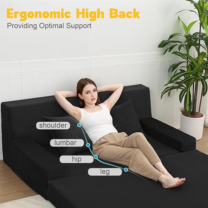 MeMoreCool Corduroy Folding Sofa Bed Queen – Convertible 2‑in‑1 Futon Couch | Foldable Foam Sleeper with Detachable Pillow, Machine‑Washable Cover & Space‑Saving Design for Living Room or Guest Room