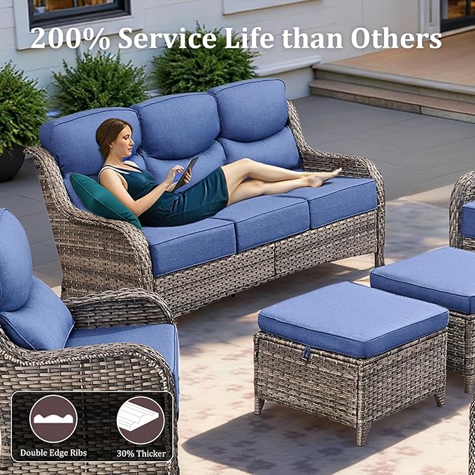Pugire Luxury High Back Patio Furniture Set with 6-Inch Thick Cushions, 5-Pieces Outdoor Furniture with Swivel Chairs, Wicker Conversation Set for Porch, Balcony, Deck and Yard, Grey/Blue