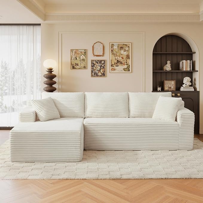 105" Sectional Couches for Living Room Cloud Couch Sofa with L-Shape Upholstered Boneless Couchs Modern Modular Sectional Couch with Chaise (White, 105" W+Left Facing Chaise+2Seaters)