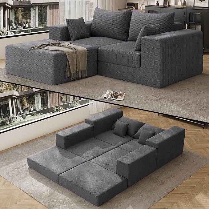 DAMAIFROM 80" Convertible Sleeper Sofa Bed with Soft Pillow, Corduroy Folding Mattress Couch with L-Shape Chaise, Modular Floor Sofa Lounge Couch for Living Room Bedroom Lounge (Grey)