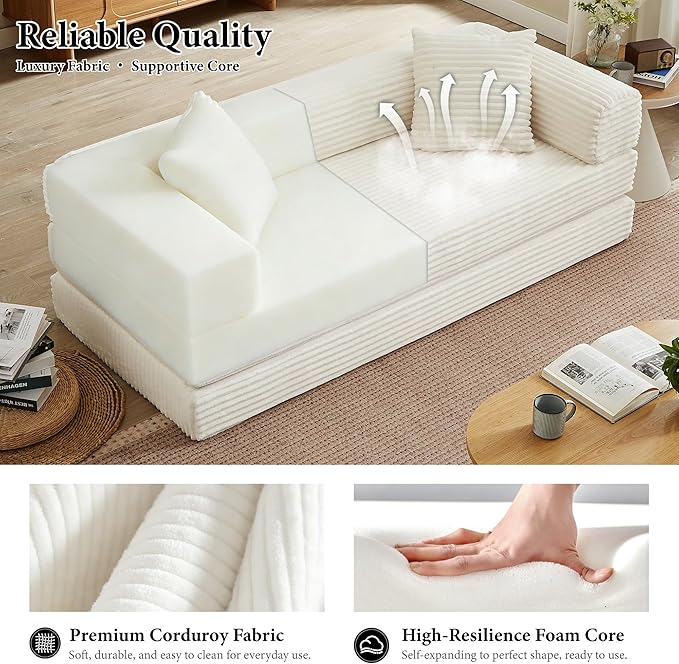 Chorlenimi Boneless Couch Futon Sofa Bed Sectional Couches for Living Room,Cloud Couch with Sleeper Sofa,Sofas for Living Room Oversized Corduroy Upholstered (White, 76 Inches (No Iron Frame))