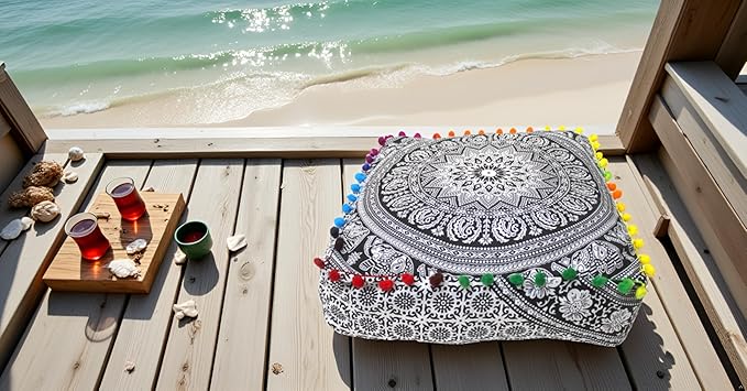 CRAFT KALA Black Elephant Flower Large Hippie Mandala Meditation Floor Ottoman Pillow Cushion Pouf Cover Square Poufs Bohemian Floor Cushion Case Outdoor Fireplace Living Room Decor Cover 16" Square