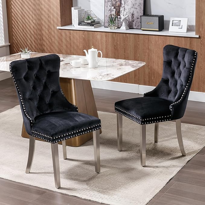 YeahFurn Mid Century Modern Dining Chairs Set of 2, Black Velvet Upholstered Tufted Back, Kitchen & Dining Room Chairs, Brushed Silver Metal Legs, Nailhead Trim, Sillas para Comedor (Black, 2 Pcs)