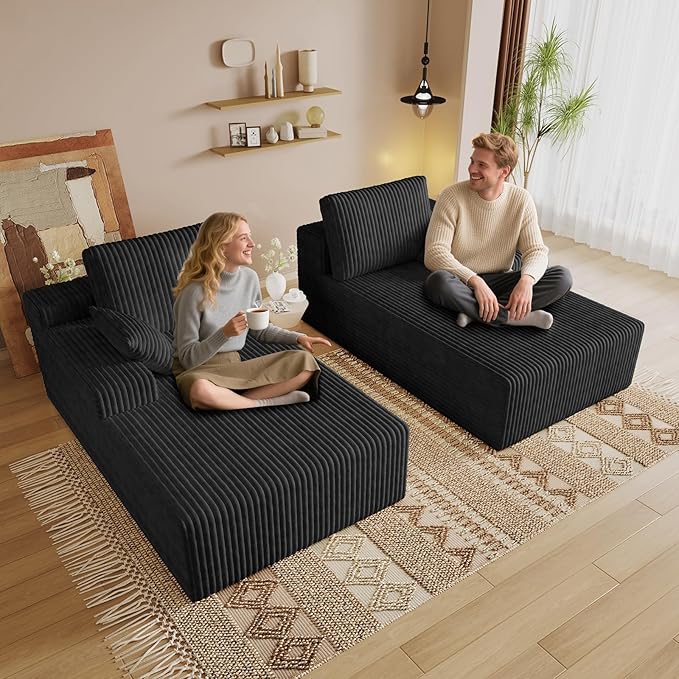Oversized 80" Double Chaise Lounge Chair Futon Sofa Bed Boneless Cloud Couch Sleeper Sofa, Flannel Upholstered Floor Sofa Modular Sectional Loveseat with 2 Throw Pillow & Backrest Pillow, Black