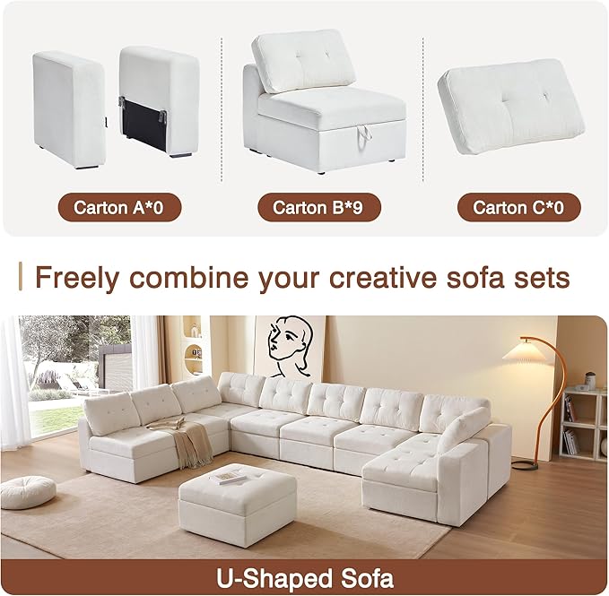 ORRD Oversize Modular Sectional Couch, Convertible U Shaped Sofa with Storage, 9 Seater Sofa Modular with Ottomans and Reversible Chaise for Living Room, Office (Beige White)