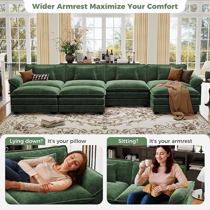 CDCASA 154" Oversized Modular Sectional Sofa, Comfy U-Shaped Cloud Couch w/ 3 Movable Ottomans, 7-Seater Chenille Deep Seat Modern Sofa Couch for Living Room, DIY Combination, Green