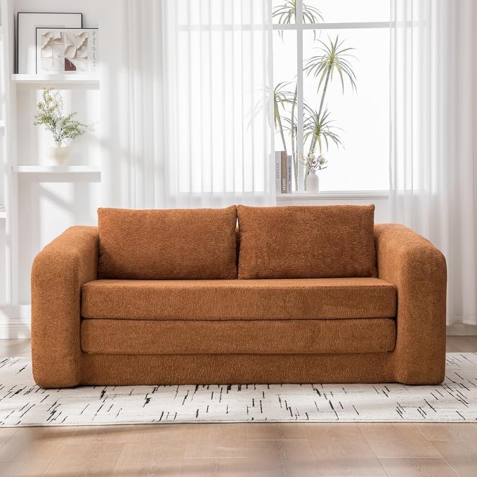 71" Foldable Sofa Bed, Chenille Loveseat with Armrest and Backrest Pillows, Convertible Boneless Couch, Modern Floor Couches for Living Room, Guestroom and Apartment