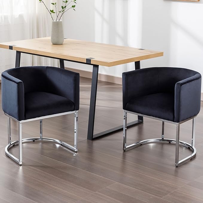 VESCASA Velvet Upholstered Dining Chairs with Barrel Back, Mid Century Modern Padded Restaurant Chairs with Chrome Metal Frame for Kitchen, Dining Room, Set of 2, Black