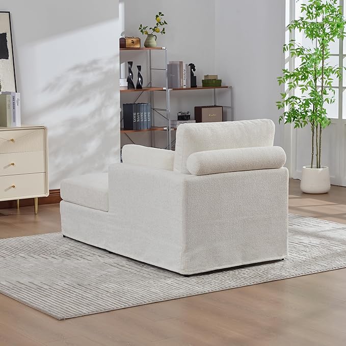 KEIKI 60" Chaise Lounge Chair Indoor, Modern Deep Seat Sofa Bed, Corduroy Couch with Cushions, Single Sleeper Chair for Living Room, Bedroom, Apartments, Ivory (Right Side)