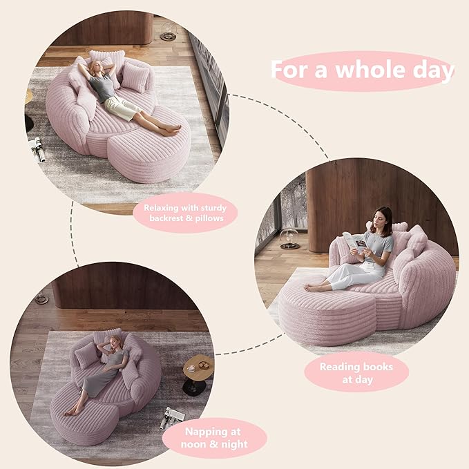 Oversized Chaise Lounge Chair Indoor with Ottoman 50.5" W x 67.0" D Round Soft Corduroy Comfy Oversized Reading Chair with 5 Pillows for Living, Reading Room - Pink