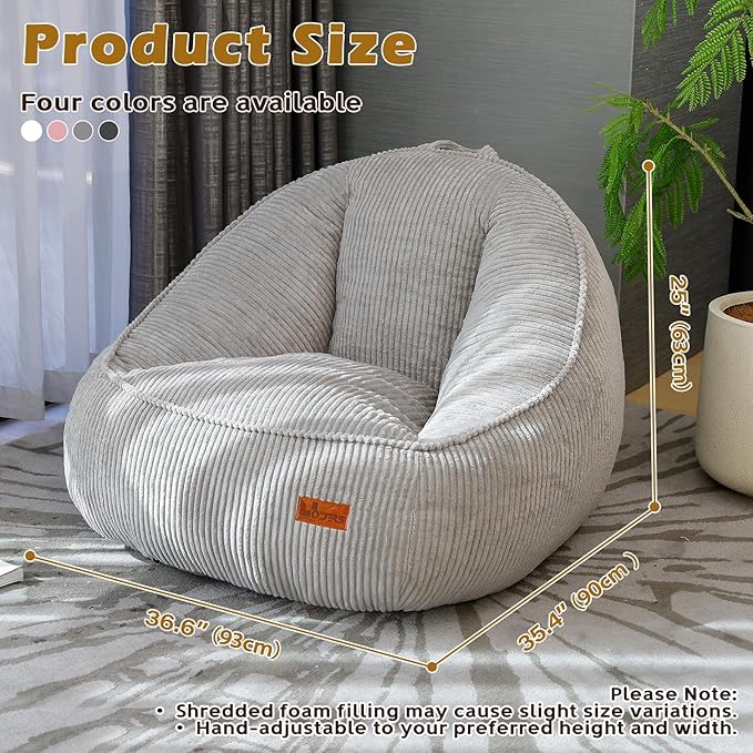 Bean Bag Chair, Cozy Fluffy Beanbag Chairs with Filler for Teens and Kids, Floor Lazy Sofa for Living Room, Gaming & Reading（M-Light Grey）