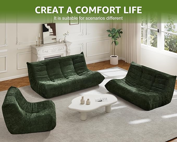 Bean Bag Chairs for Adults Giant Bean Bag Chair Memory Foam BeanBag Chair Bean Bag Sofa with Filler Faux Fur Fireside Beanbags Lazy Sofa for Living Room Bedroom Office (Green Chenille, 3-Seater)