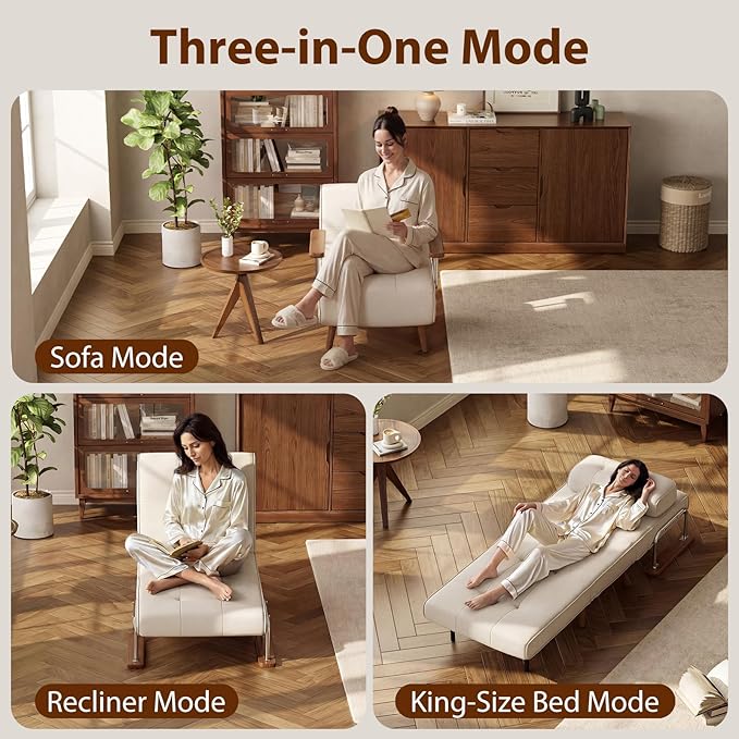 TIMBERKNOWS SUIYIMU Folding Chair Bed, 3-in-1 Convertible Sleeper Chair Bed, Futon Chair with 6-Level Adjustable Backrest for Guest Room Apartment Dorm, Cream Beige-Walnut