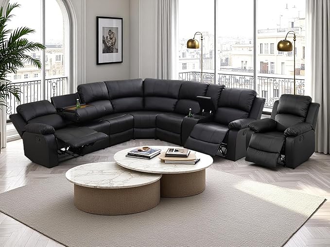 Manual Reclining Sofa Set with Drop-Down Table, Corduroy Sofa Sets, Living Room Furniture Sets, Modern Manual Recliner Sofa Sets with Storage Console for Living Room (Black, Sectional+Chair)