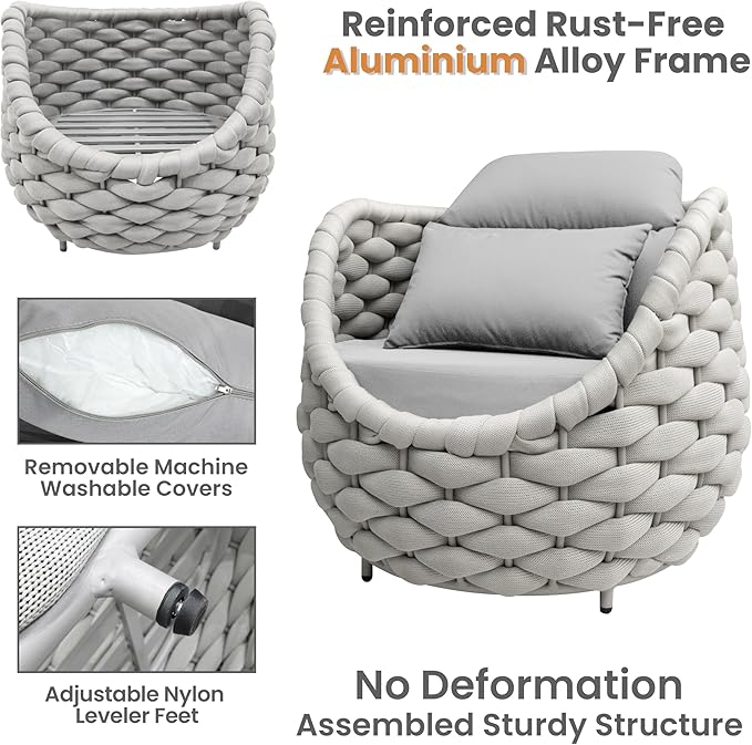 Erotr 5 Pieces Porch Patio Conversation Set: Hand Woven Rope, Rusrproof Aluminum Frame, Weather Resistant, Thick Cushions, No Assembly Furniture, Comfy Outdoor Sofa Set for Deck Yard Lawn Hotel - Gray