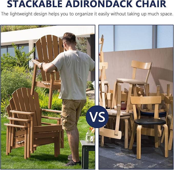 nevilywood Compact Stackable Adirondack Chairs Set of 4, 26.3" Wide HDPE Outdoor Patio Chairs - Durable, Space-Saving Design for Porch, Lawn or Garden, Teak