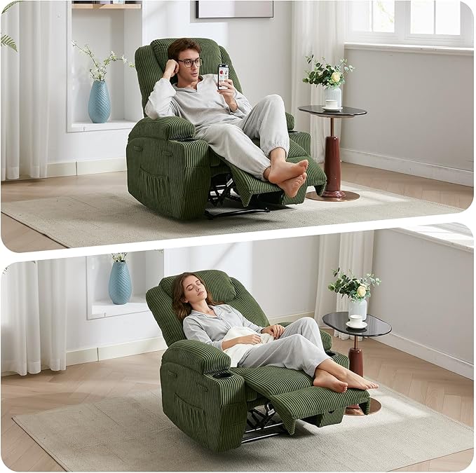 Massage Recliner Chair with Heat - Ultra-Comfortable Reclining (135° Adjustable), Dual Cup Holders & Side Storage Pockets, Easy Tool Assembly, Dark Green