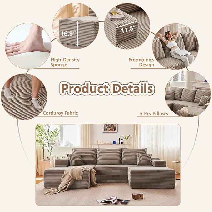 107.5" W Cloud Sectional Couch with Ottoman,Modern U-Shaped Cloud Couch with Deep Seat,Comfy Corduroy 4-Seater Sofa,Memory Foam Sofa for Living Room,No Assembly (Camel,Left-Facing Chaise)