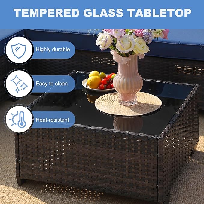 SunloungeCo 9 Pieces Outdoor Patio Furniture Set, Wicker Conversation Sets with Tea Table, Rattan Patio Sofa with Thick Cushions for Garden, Backyard Porch, Poolside,Navy