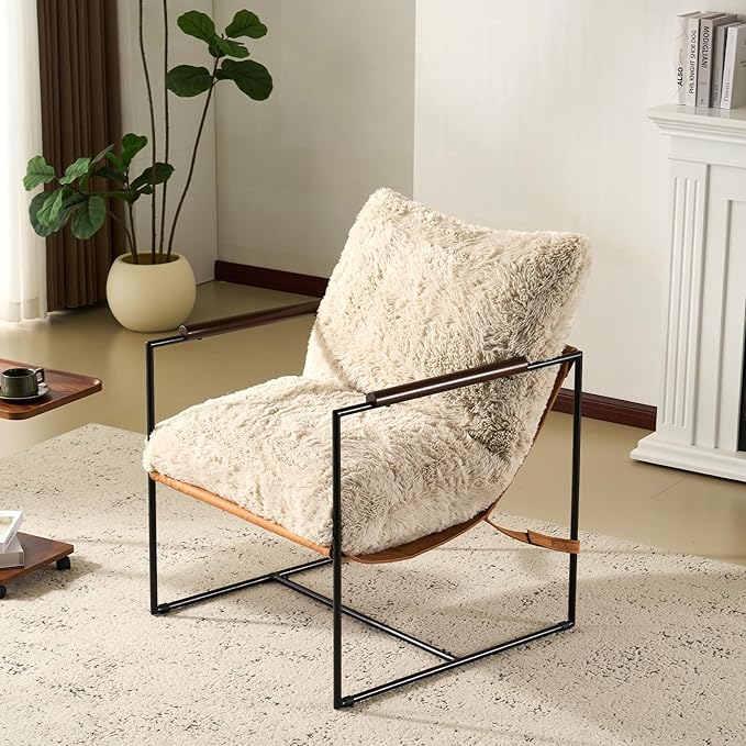 VINGLI 28" Wide Plush Upholstery Sling Modern Accent Chair Set of 2, Cute Reading Armchair with Removable Seat Cushion & Tan Microfiber Seat Base, Lazy Chair for Bedroom & Lounge, Beige