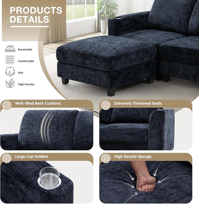 Lesofair 110" Chenille Sectional Sofa with Movable Ottomans, Modular U-Shape Couch with Cup Holders, Convertible 4 Seater Sofa with Well-Filled Backrest Cushions for Living Room, House, Blue