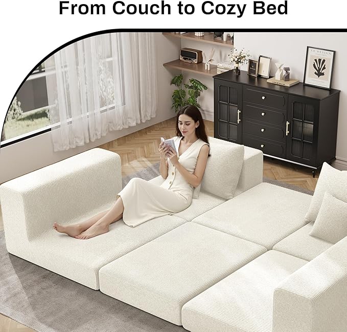 DAMAIFROM 80" Convertible Sleeper Sofa Bed with Soft Pillow, Corduroy Folding Mattress Couch with L-Shape Chaise, Modular Floor Sofa Lounge Couch for Living Room Bedroom Lounge (Beige White)